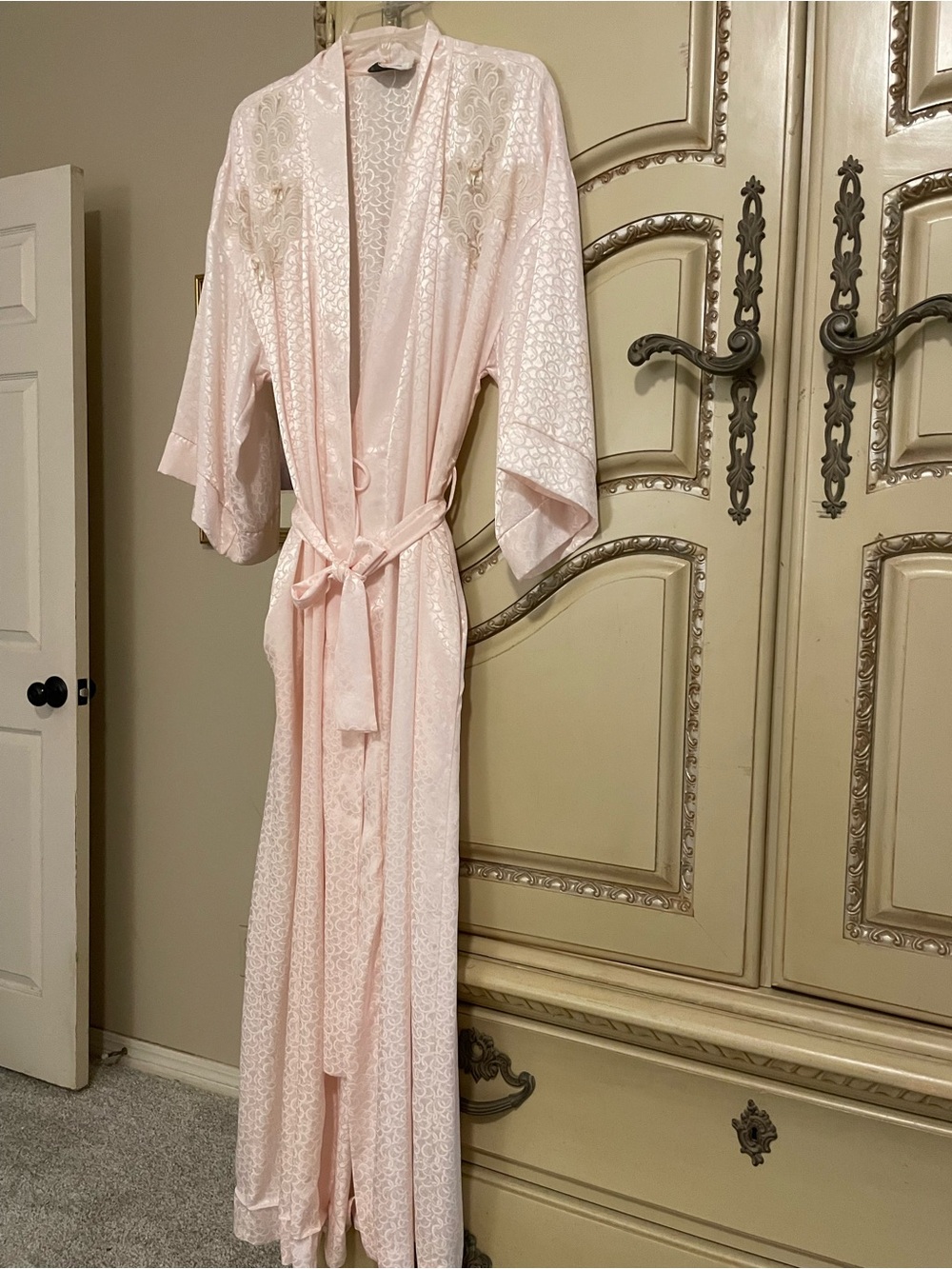 Christian Dior Paris Pale Pink Satin jacquard belted robe